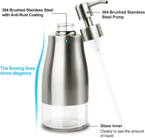 Dish Soap Dispenser with Stickers, Brushed Nickel Stainless Steel and Glass, Refillable Liquid Hand Soap Dispenser