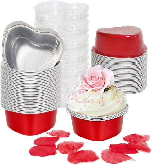 Heart Shaped Cake Pans for Baking, BLVRYVIO 50 Sets Aluminum Cupcake Cups with Lids, Red