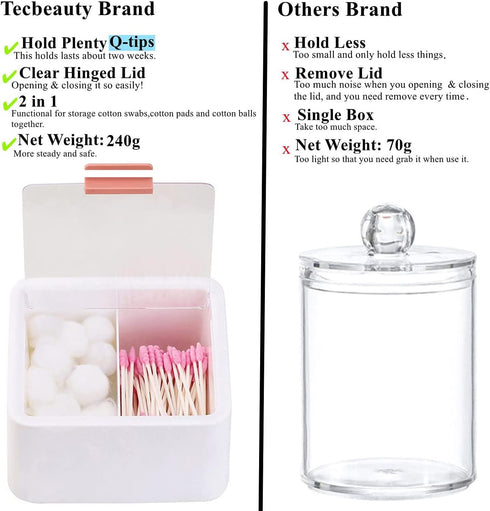 Tecbeauty 2 Slot Cotton Swab Ball Qtip Holder Jar, Plastic Container Dispenser Box with Hinged Lid for Bathroom Home