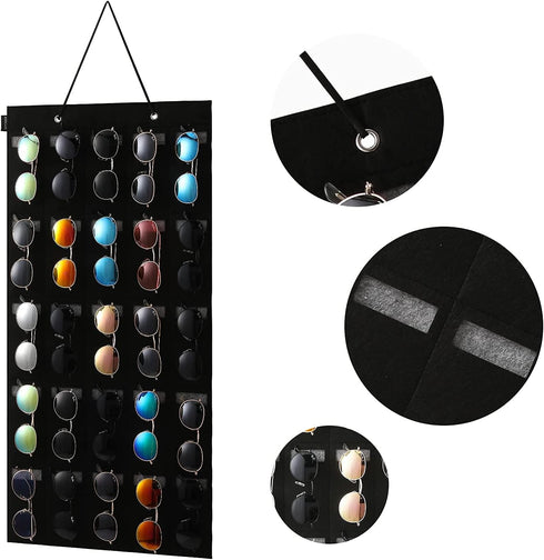 Sunglasses Organizer Storage- Hanging Eyeglasses Wall Pocket Mounted,Eyewear Display,25 Slots (Black, Large) by KGMCARE