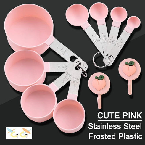Measuring Cups and Spoons Set of 8pcs - Cute Pink Stainless Steel Handle, XGiGiX Plastic Measure Spoon and Cup Set
