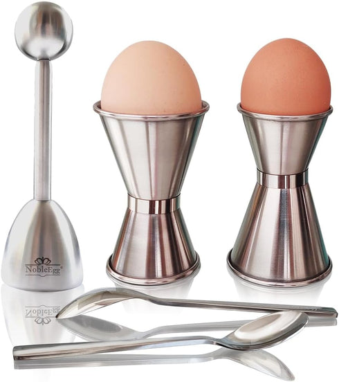NobleEgg Egg Cups for Soft Boiled Eggs, All Sizes, Topper, Spoons, 18/8