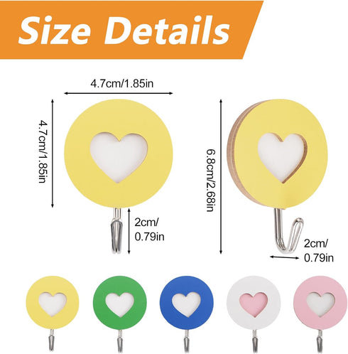 Wooden Double Heart-Shaped Self-Adhesive Hooks, 5pcs Key Holder Coat Hook Strong Adhesive Hooks for Home Office Hotel Wall Decoration