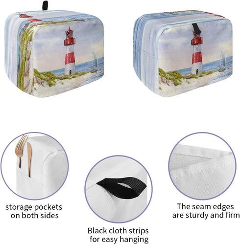 Coastal Lighthouse Toaster Cover 2 Slice, Small Kitchen Appliance Covers, Watercolor Blue Sky Sea Summer Beach Nautical Toaster Oven Cover with Loop, Bread Machine Cover Polyester Dust Cover