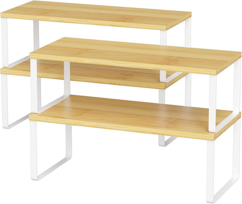 NEX Kitchen Cabinet and Counter Shelf Organizer, Stackable & Expandable, Set of 4, White and Natural, 7.7 x 15.6 x 6.2''