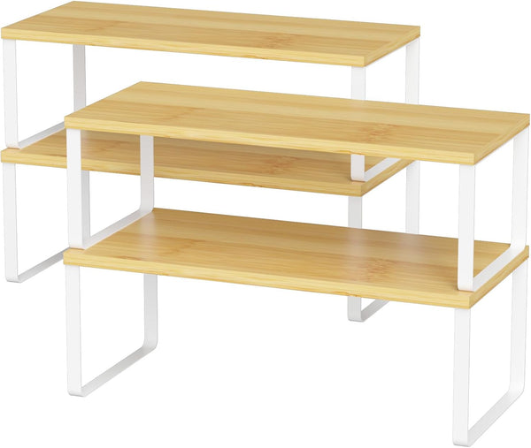 NEX Kitchen Cabinet and Counter Shelf Organizer, Stackable & Expandable, Set of 4, White and Natural, 7.7 x 15.6 x 6.2''
