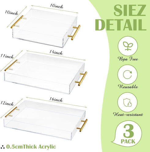 meekoo 3 Pcs Tray with Handles - Clear Acrylic Serving Tray, Spill Proof Decorative Organizer for Coffee Table