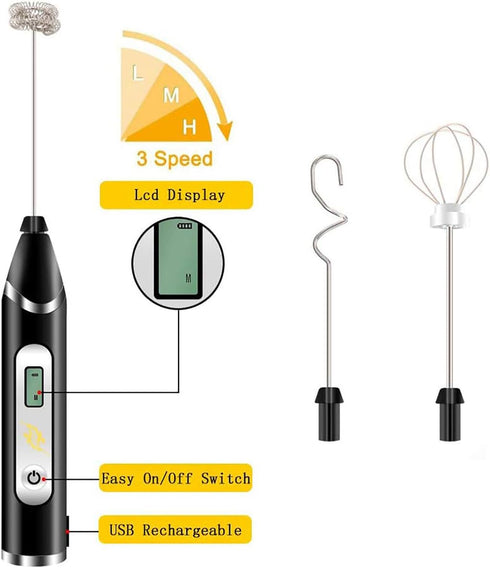 Handheld Milk Frother, USB Rechargeable, Adjustable 3 Speeds, Mini Blender Drink Mixer for Coffee, Hot Chocolate