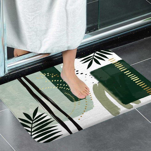 Green Mid Century Bath Rugs, Modern Boho Geometric Abstract, Non Slip Flannel Bathroom Rug, 17x29 Inch