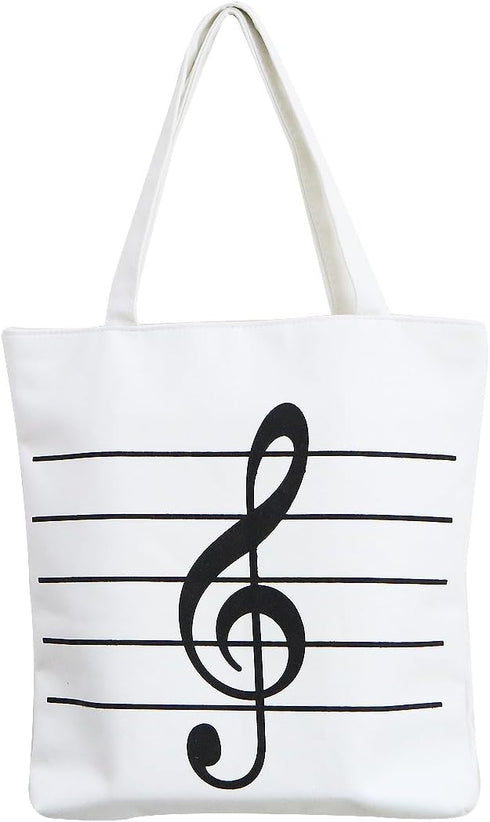 Music Notes Handbag Canvas Tote Bag, Reusable Grocery Bag for Women and Girls, White Shopping Bag Gift