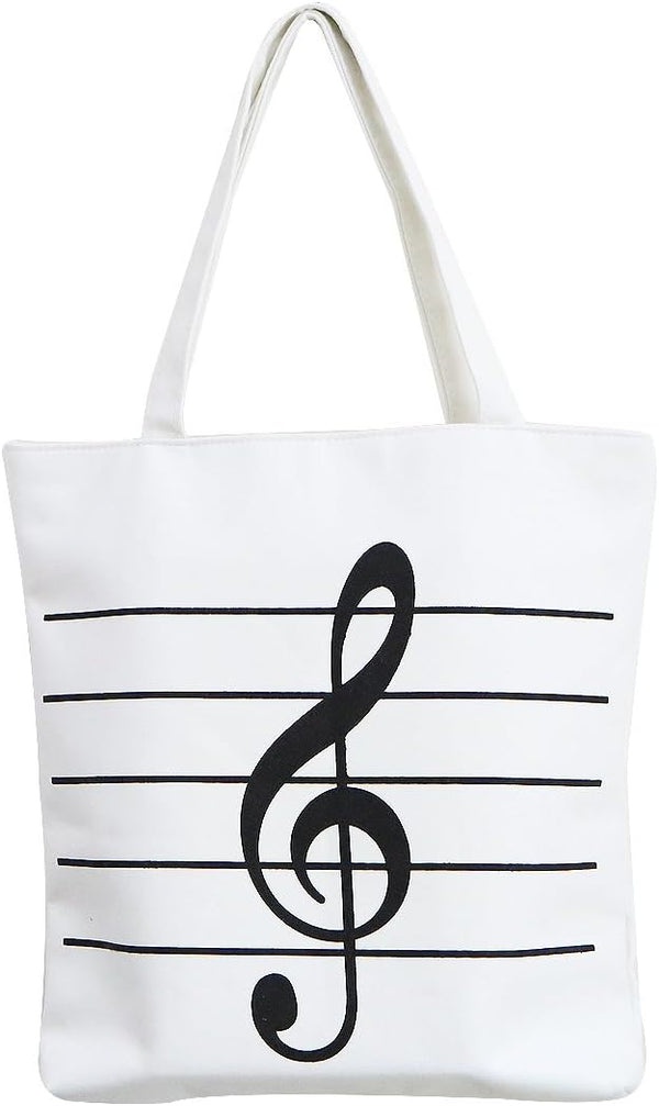 Music Notes Handbag Canvas Tote Bag, Reusable Grocery Bag for Women and Girls, White Shopping Bag Gift
