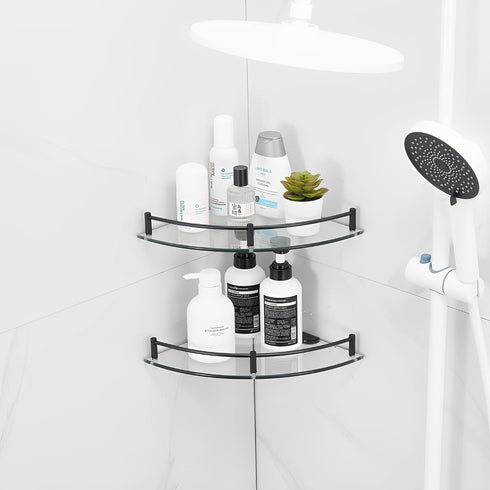 2 Pack 304 24cmx24cm 6mm, Glass Shower Corner Shelves - Floating Bathroom Shelves Tempered Glass Shelf with Rails SUS