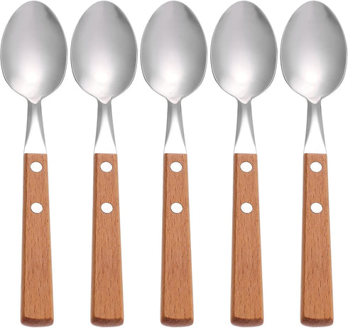 Hemoton 5pcs Stainless Steel Dessert Spoons, Wood Handle Tea Spoons, Ice Cream Cake Tasting Spoon, Dinner Spoon for