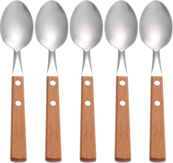 Hemoton 5pcs Stainless Steel Dessert Spoons, Wood Handle Tea Spoons, Ice Cream Cake Tasting Spoon, Dinner Spoon for