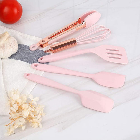 Set Collfa Rose Gold And Pink Kitchen Utensil Small Five-Piece Mini Silicone Kids Kitchen Tools Whisk Spatula Tongs