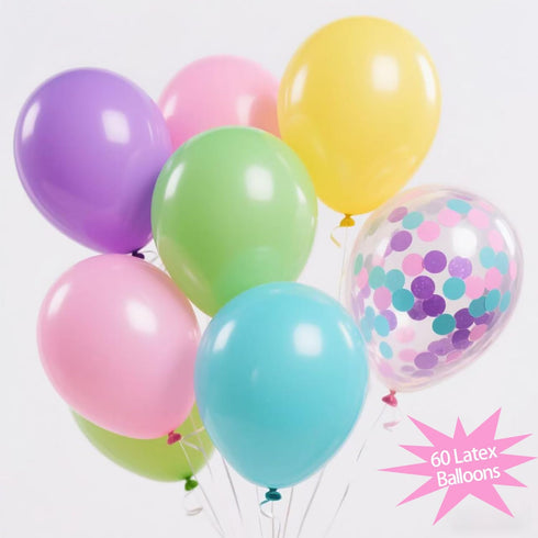 iHormke 60pcs 12 Inches Pink Purple Blue Balloons, Pink Teal Green Confetti Rainbow Colorful Balloons for Magic Doll