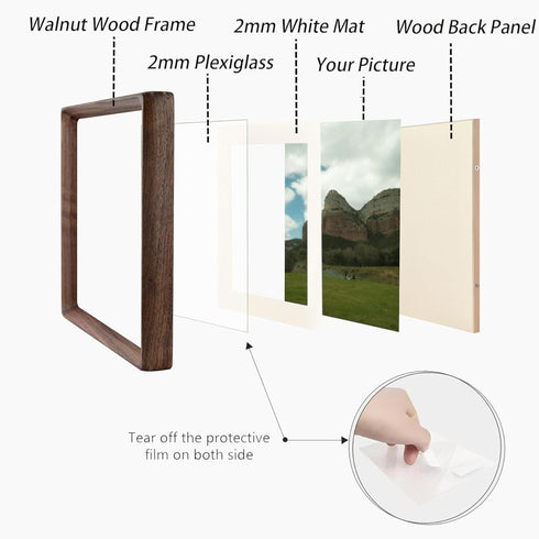 6x6 4x4, Square Picture Frame in Natural Walnut Wood, Solid Wooden Frames matted to Gallery Frames for Wall Mount