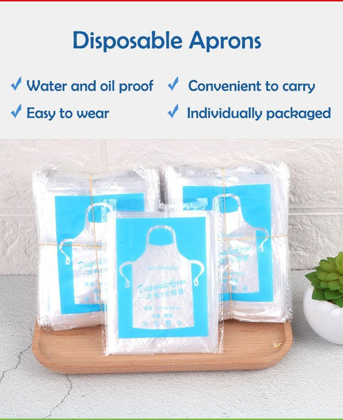 Disposable Aprons (50 Count) - Waterproof Plastic Apron for Painting, Cooking, Housework, and Picnics