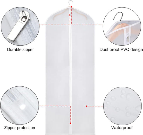 Zilink Garment Bags for Long Dresses - 60-inch Translucent Suit Bag with Full-Length Zipper, Set of 6