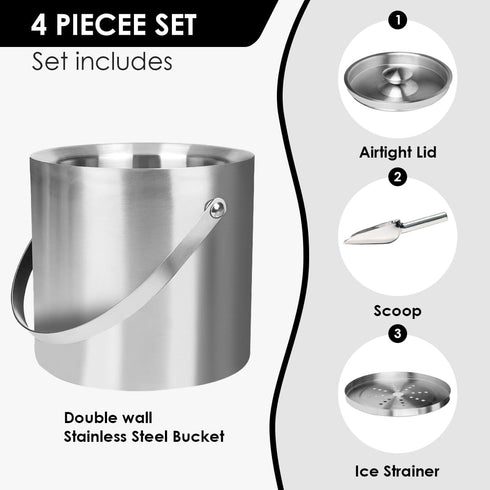 DRAMNYO 3L DREAMYO Double Wall Insulated Stainless Steel Ice Bucket with Scoop for Cocktail Bar,Metal Ice Bucket