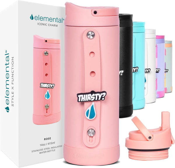 Elemental Iconic Kids Water Bottle with Straw Lid & Charms Strap, Leak-Proof Triple Insulated Stainless Steel 14oz