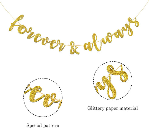 Forever & Always Banner for Bridal Shower, Engaged, Wedding Anniversary Party Decorations (Gold Glitter)