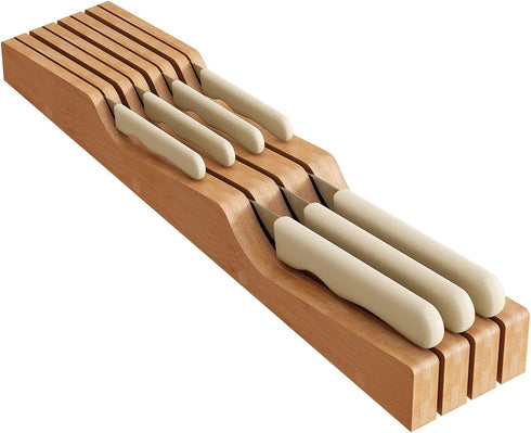 In-Drawer Knife Block Organizer, Bamboo Wood Drawer Knife Organizer Holds Up To 7 Knives