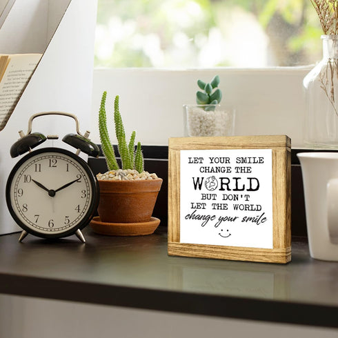 GXJGWSQ 5.9x5.9 Inch Wooden Inspirational Office Sign Let Your Smile Change The World Decor Plaque Motivational Desk