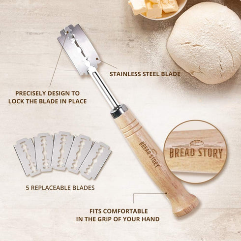 Bread Story Set of 3 Danish Whisk Dough Lame Slashing Tool and Wooden Scraper Tool for Pastry Baking