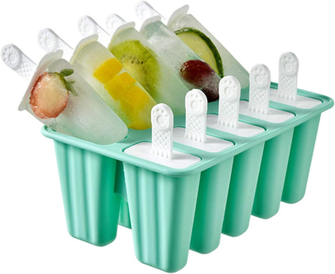 Popsicle Molds, 10 Pieces Reusable Silicone Ice Pop Maker with Easy Release (10 Cavities-Green)
