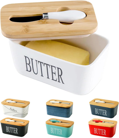 Hasense Porcelain Butter Dish, Bamboo Lid Covered Container for Countertop, Airtight Butter Keeper with Knife
