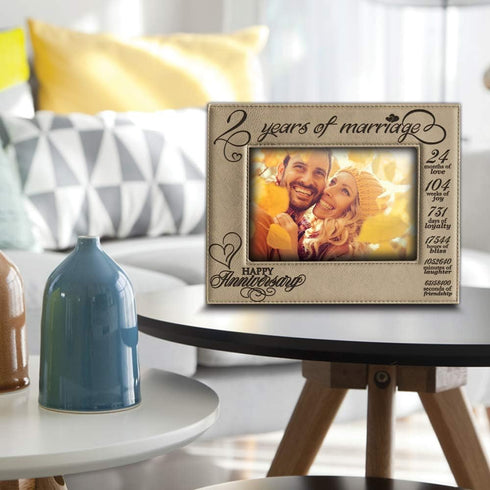BELLA BUSTA- 2 Years of Marriage Engraved Leather Picture Frame, Second Anniversary for Couple (5 x 7 Horizontal)