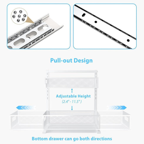 Adjustable Height Under Sink Organizer, 2 Tier Bathroom Storage, Pull Out Cabinet Organizer, White, XL - 1 Pack