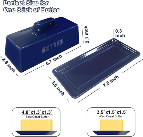 Gute Butter Dish with Lid, Covered Ceramic Butter Tray Storage for 1 Stick of Butter, Navy Blue