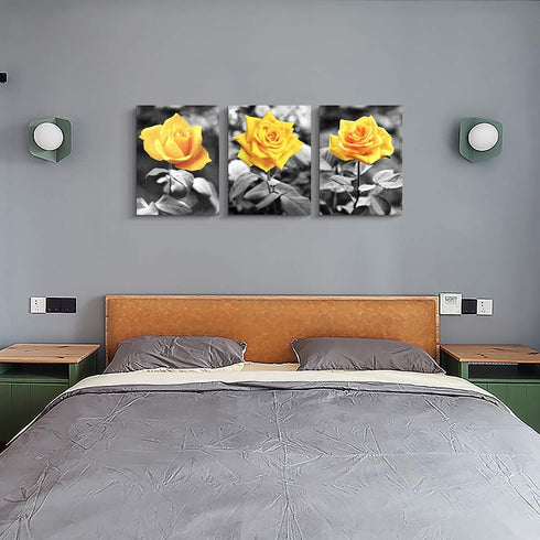 Canvas Wall Art - Black and White Yellow Rose Flowers Paintings - 12" x 16" - 3 Pieces Framed Modern Office Home Decor