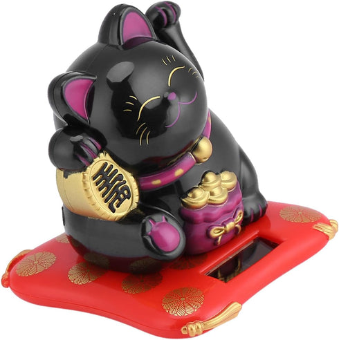 Lucky Beckoning Cat, Solar Powered Waving Wealth Cat, Feng Shui Decor, 3" Tall, Black