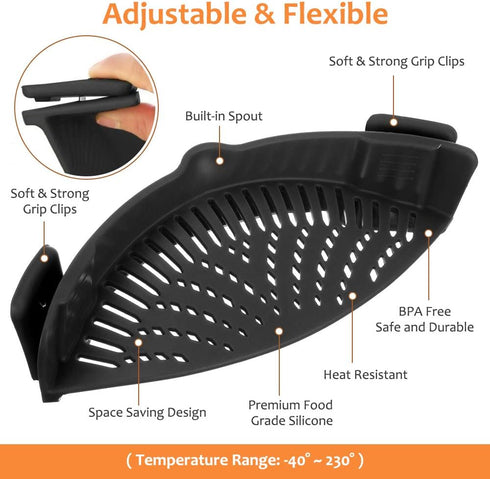 YEVIOR Clip on Strainer for Pots, Hands-Free Silicone Food Strainer for Pasta, Fits All Bowls and Pots (Black)