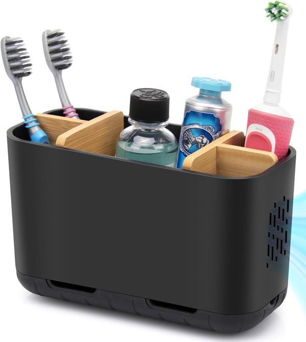 Black Bamboo Toothbrush Holder, Electric Kids Toothpaste Organizer with Drainage for Bathroom Countertop Storage