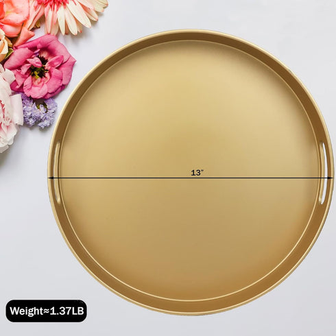 13 Round Gold Decorative Serving Tray with Handles, Versatile Ottoman Tray for Coffee Table, Entertaining, Outdoor