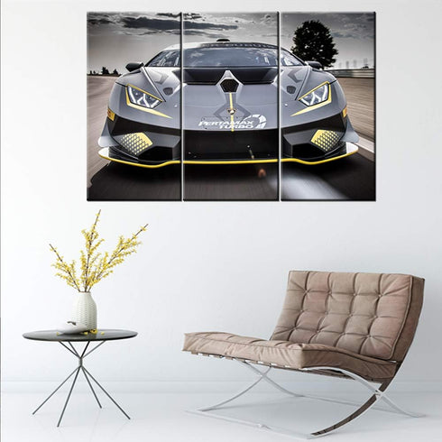 Gloomy Landscape Painting Sports Car Artwork, 12 x 24 inch x 3 Pieces Framed Canvas Wall Art for Modern Decor