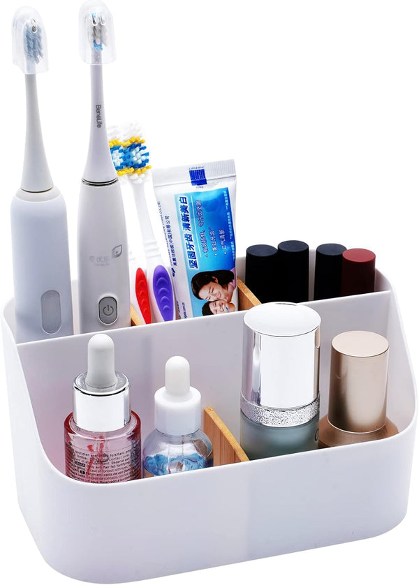 Electric Toothbrush Holders for Bathrooms - White Tooth Brushing Holder with Bamboo Dividers for Countertop