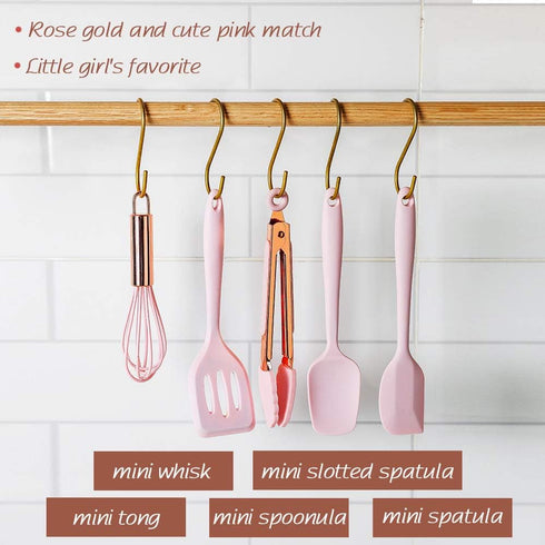 Set Collfa Rose Gold And Pink Kitchen Utensil Small Five-Piece Mini Silicone Kids Kitchen Tools Whisk Spatula Tongs