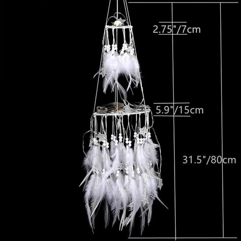 Dremisland Double Circle White Feather Dream Catcher with Mobile LED Fairy Lights Wall Hanging Ornaments Ceiling Decor