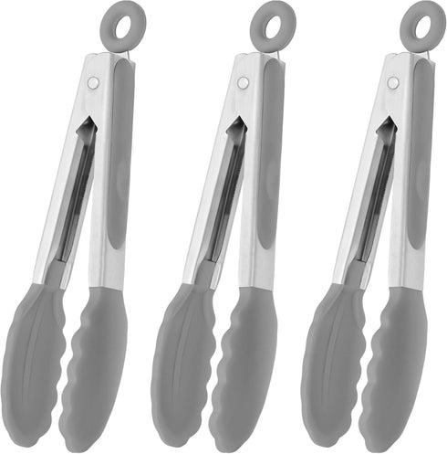Small Serving Tongs with Silicone Tips, 7 Inch Mini Stainless Steel Food Tongs, Set of 3 (Gray).
