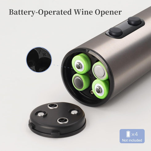 4 Battery Operated Electric Wine Opener by ELMWAY - Stainless Steel Electric Corkscrew with LED Light & Foil Cutter