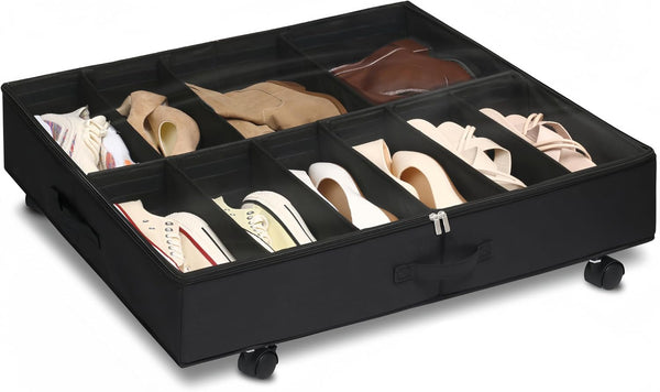Under Bed Shoe Storage Organizer with Wheels (Black) - Dustproof Storage with 10 Adjustable Dividers, 7.9 in Tall