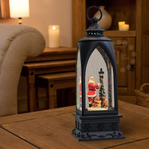 Eldnacele 12” Christmas Snow Globe Lantern with Snowman, Music & Timer, USB/Battery Operated Lighted Glittering Lantern
