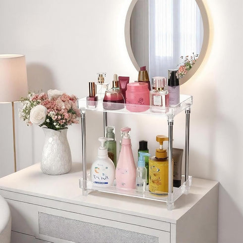 AfooBezos 2 Counter Countertop Counter Body Spray Organizer, Tier Bathroom Organizer Acrylic Clear Corner Makeup