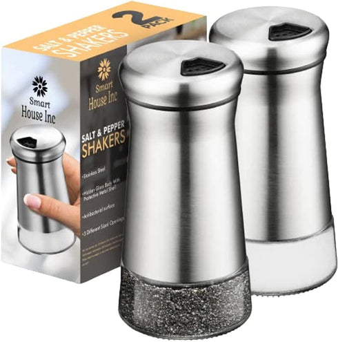 The Original Salt and Pepper Shakers Set - Silver Spice Dispenser with Adjustable Pour Holes, Stainless Steel, 2 Bottles