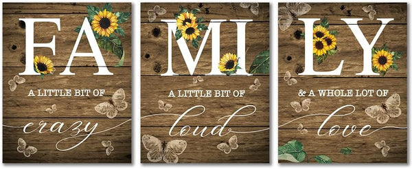 Family Sunflower Butterfly Wall Decor, Inspirational Rustic Wood Sign Wall Art for Living Room, Set of 3 (8"X10") Prints